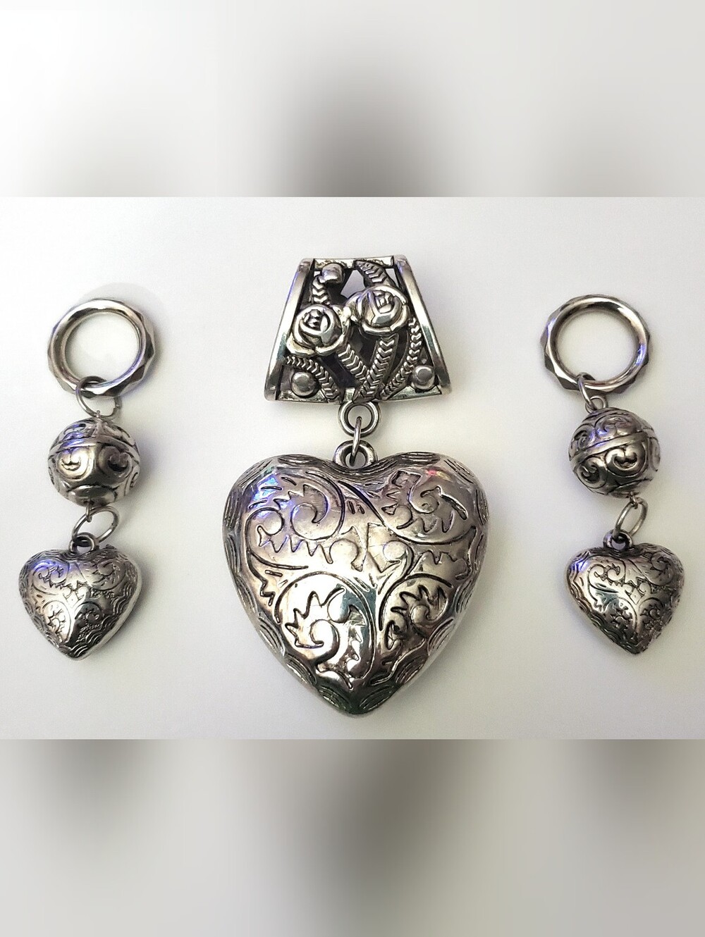 Scarf Slide Set**Silvertone Large Heart and Small Heart Dangles**